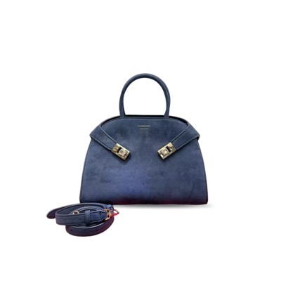 FERRAGAMO DENIM BLUE SUEDE HUG HANDBAG (32*24*17cm)